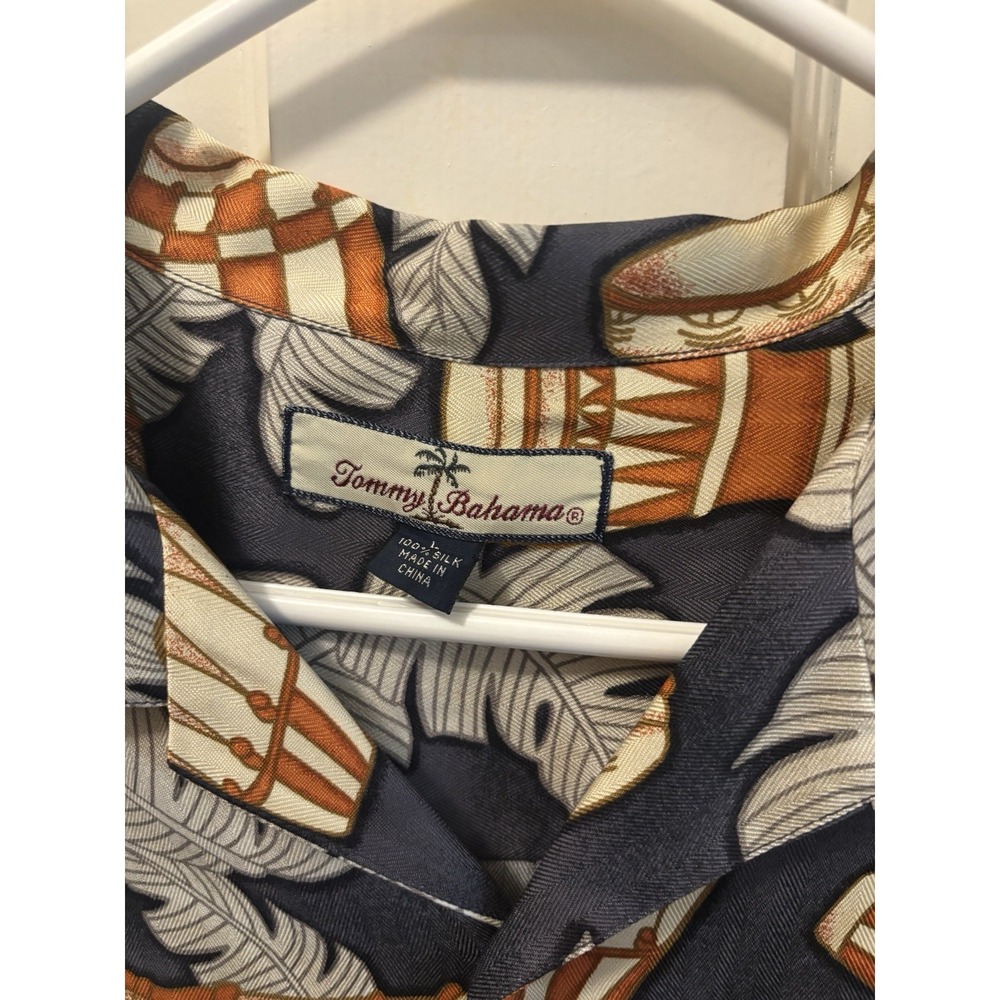 Tommy Bahama Mens Silk Camp Shirt Bongo Drum‎ Palm Leaf Tropical Gray Orange XL - Picture 2 of 3